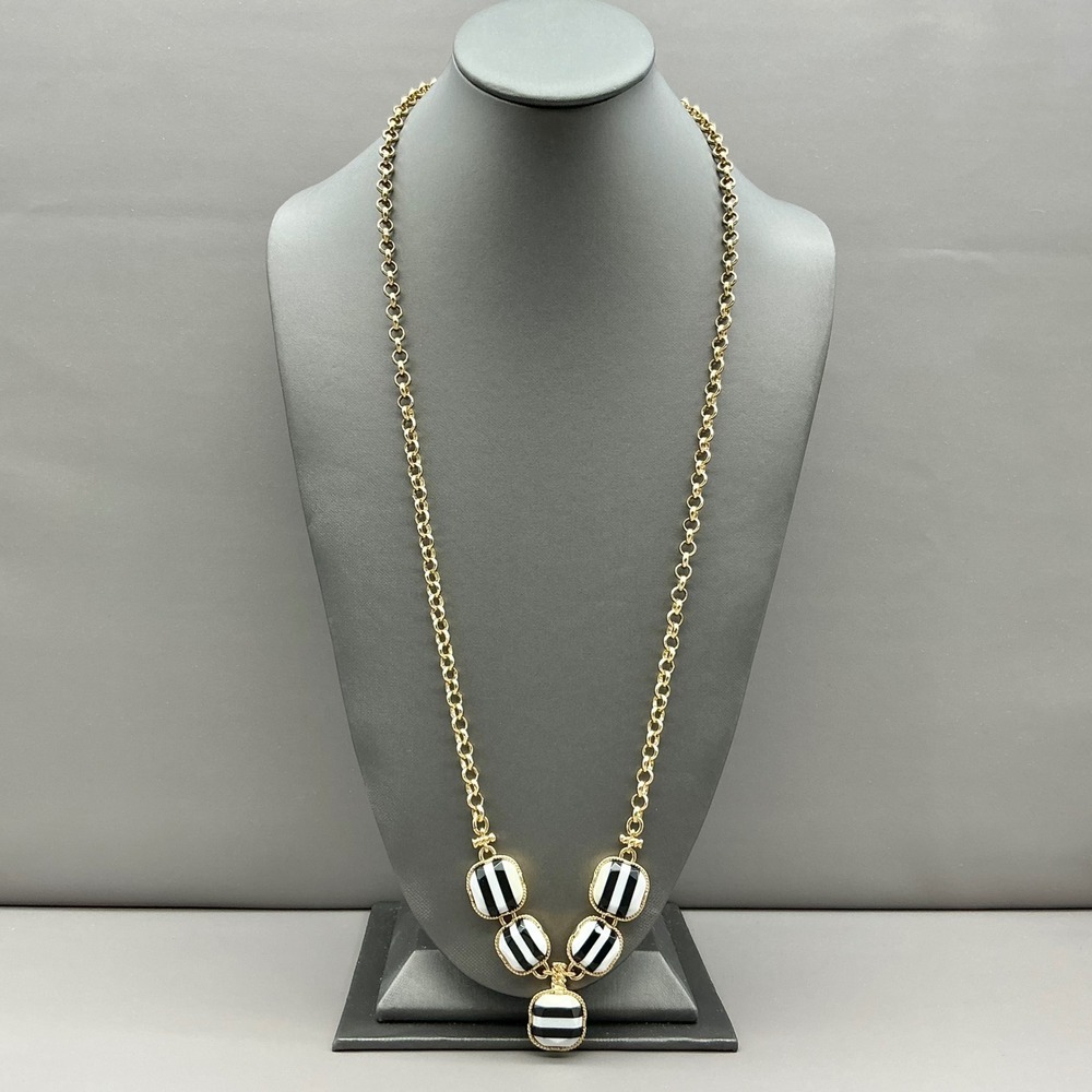 Talbots‎ Necklace Gold Tone Black White Striped Pendant Long Chain Statement 26"